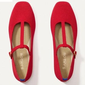 Rothy's The T-Strap Red Knit Square Toe Flat Shoes 9.5